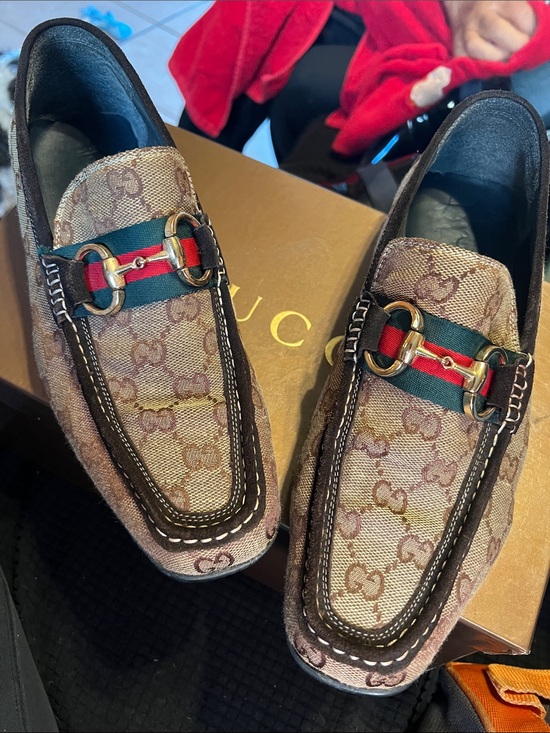 Gucci Other - Gucci Brown Monogram Canvas Loafers with Red and Green Web & Gold Hardware